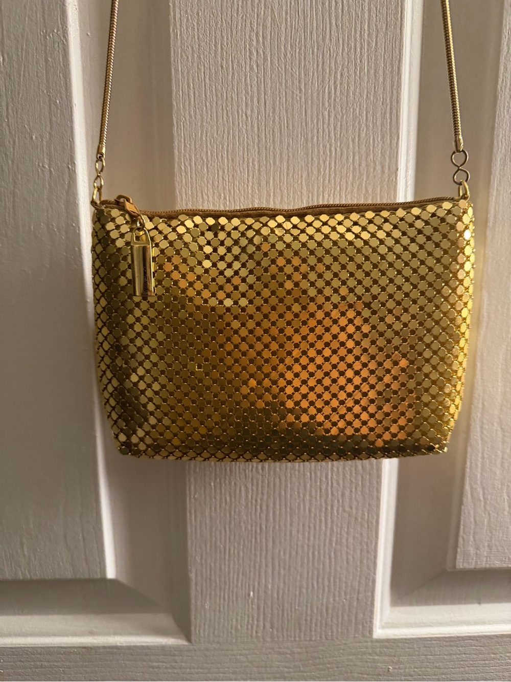 Gold Metallic Mesh Crossbody Bag with Chain Strap